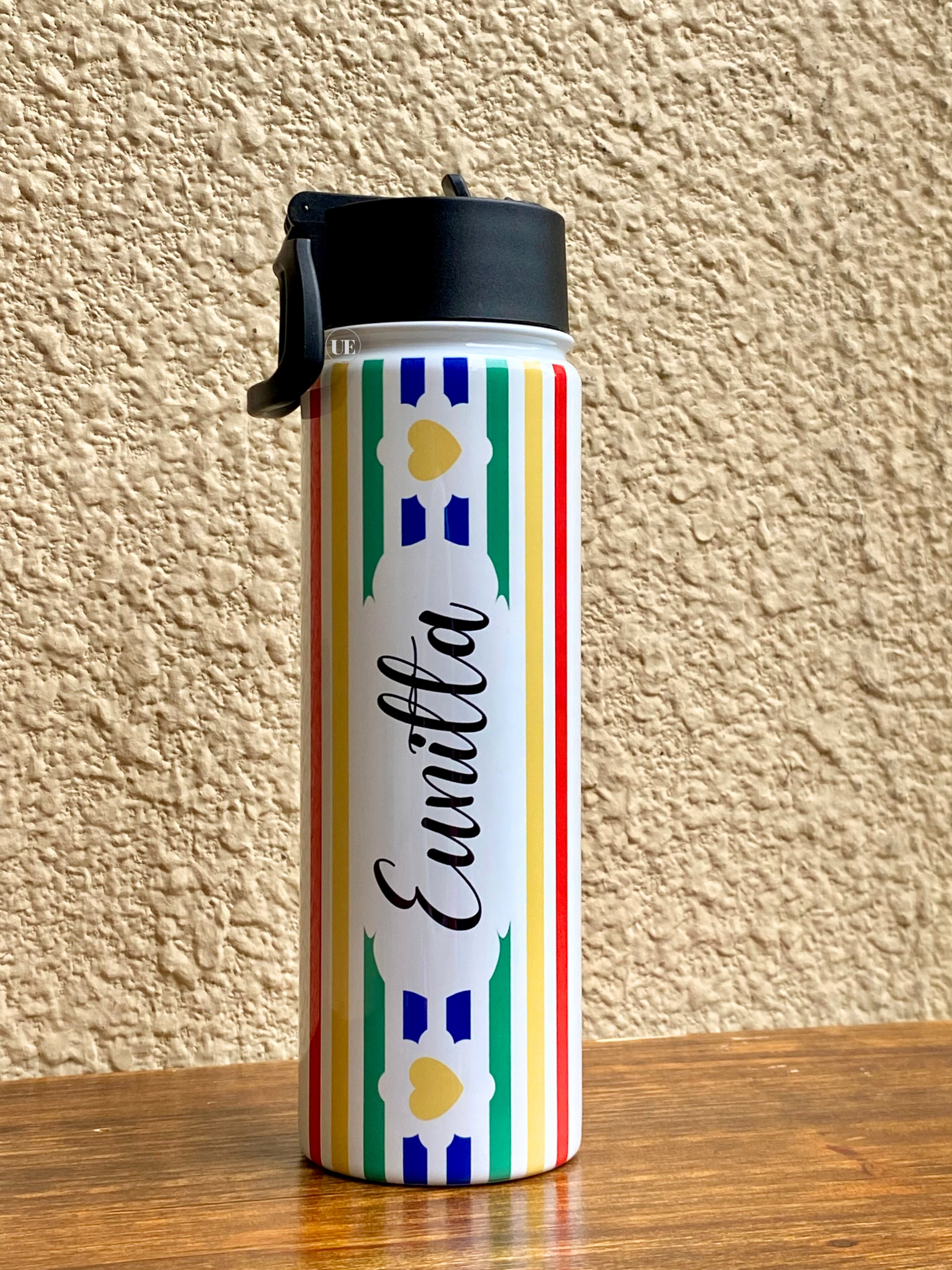 The back of a customizable 22oz stainless steel water bottle with a portable, sippy-up lid; the back includes a parent’s name.