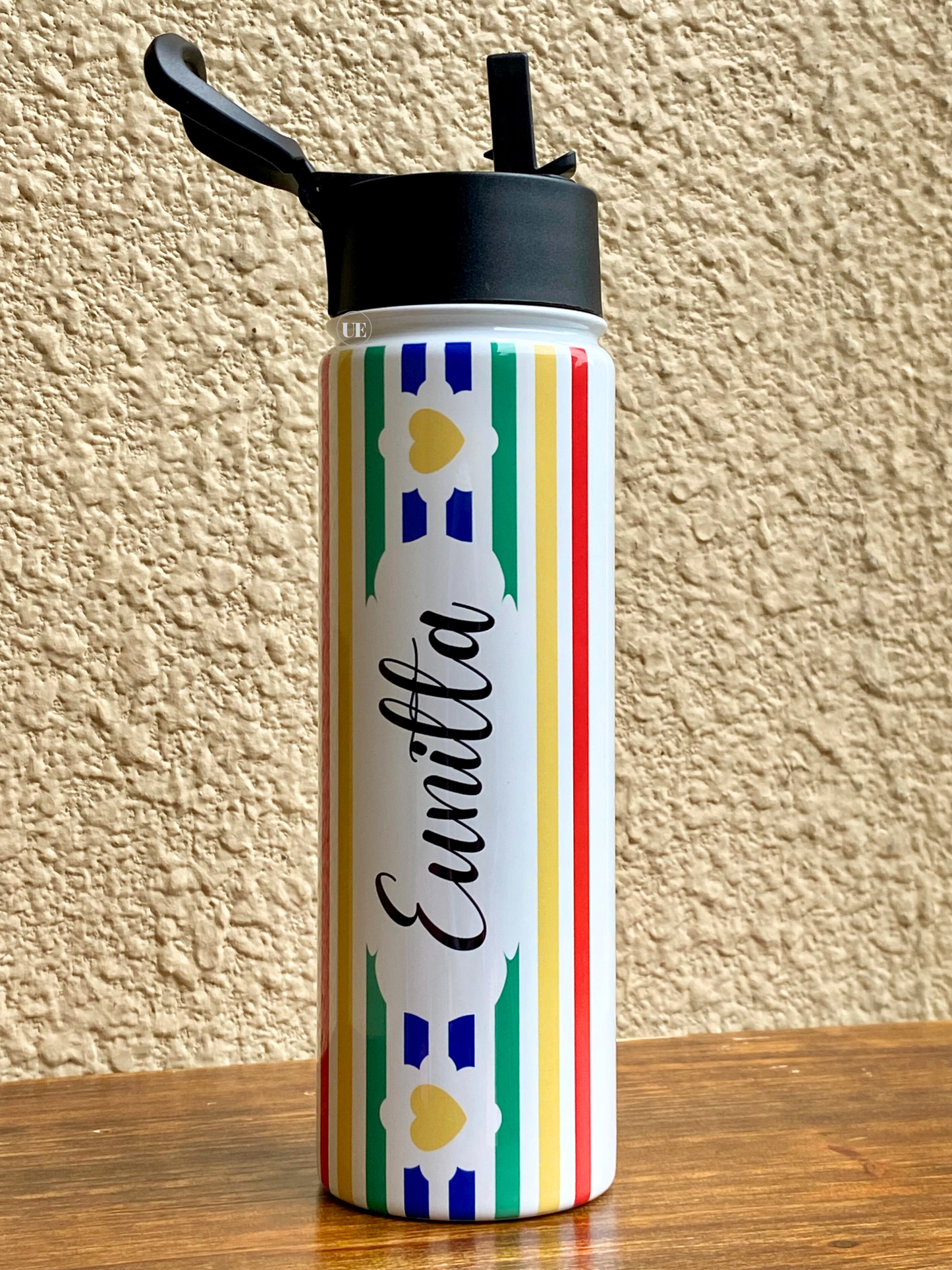 A 22oz stainless steel water bottle displaying an open, portable, sippy-up lid that is open.