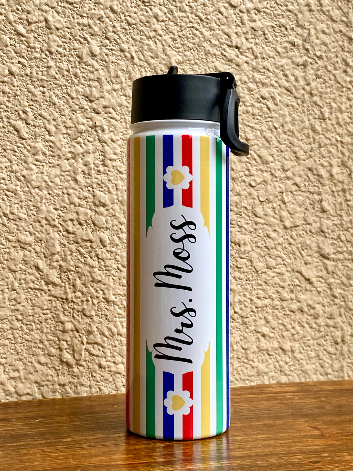 The back of a customizable 22oz stainless steel water bottle with a portable, sippy-up lid; the back includes a teacher's name.