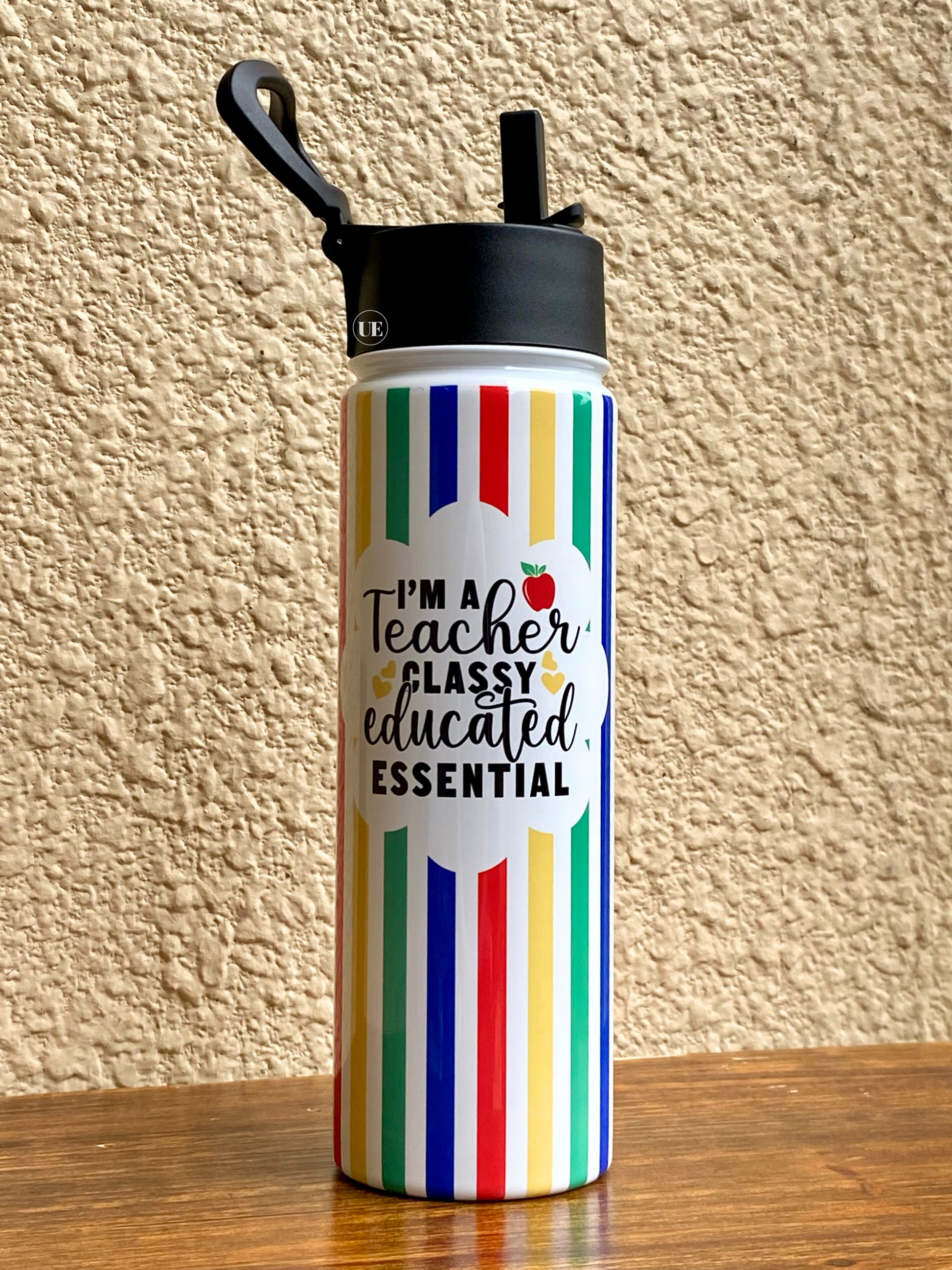 A 22oz stainless steel water bottle displaying an open portable, sippy-up lid that is open.